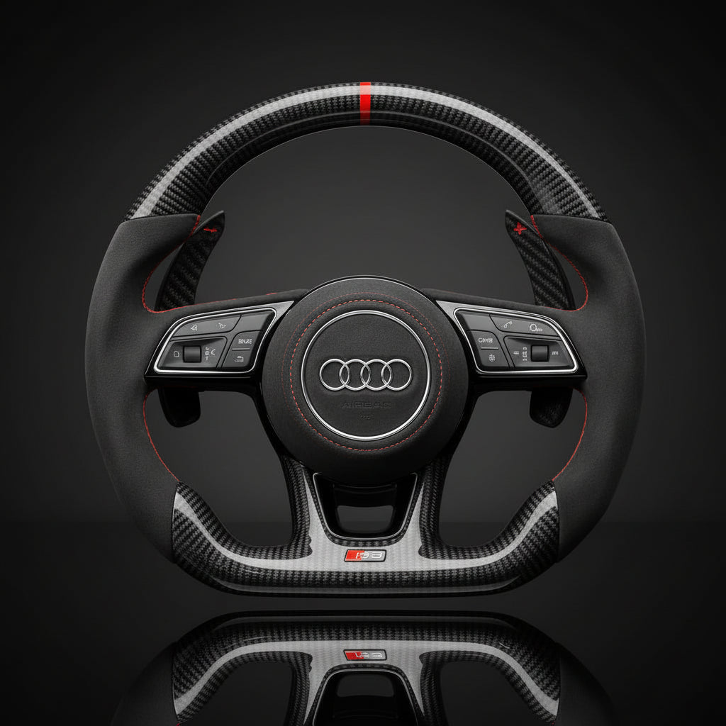 Steering wheel with Audi logo on a black background