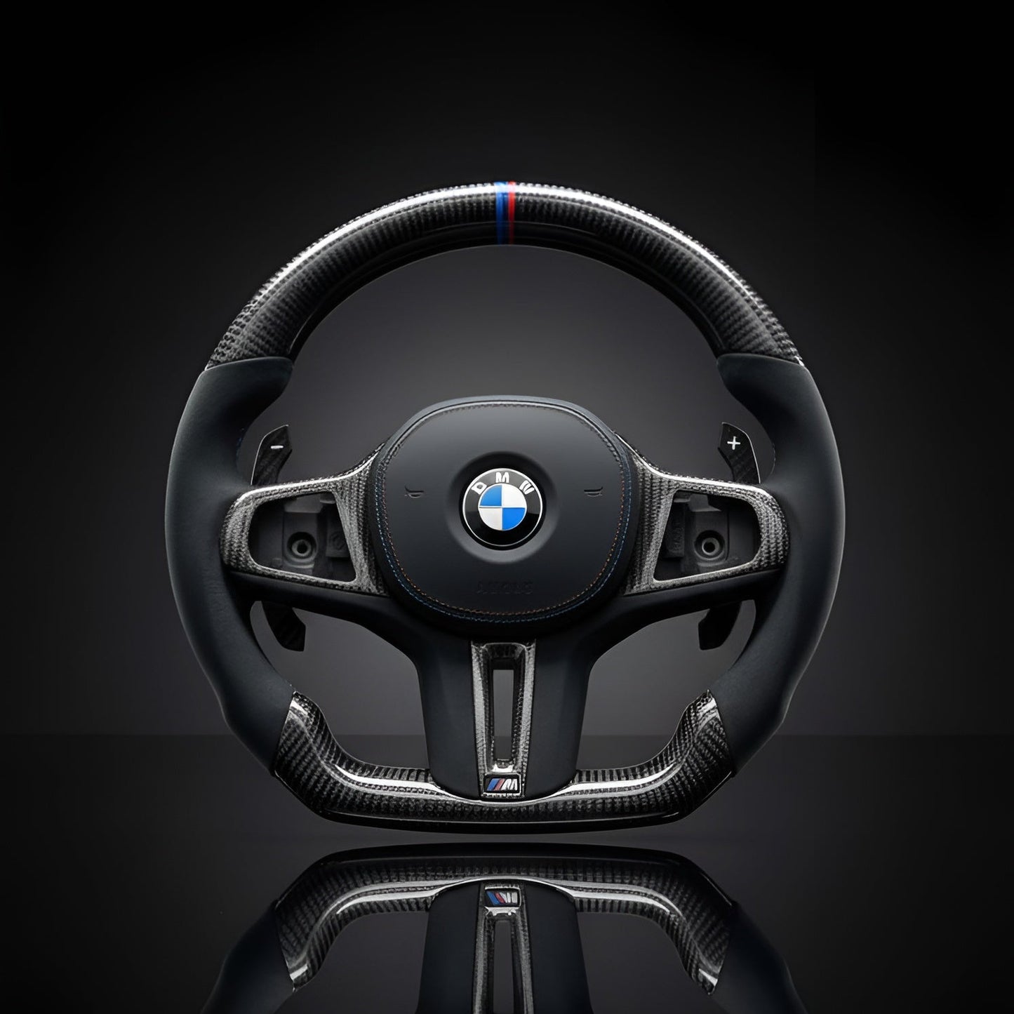 BMW steering wheel with logo on a black background