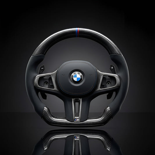 BMW steering wheel with logo on a black background
