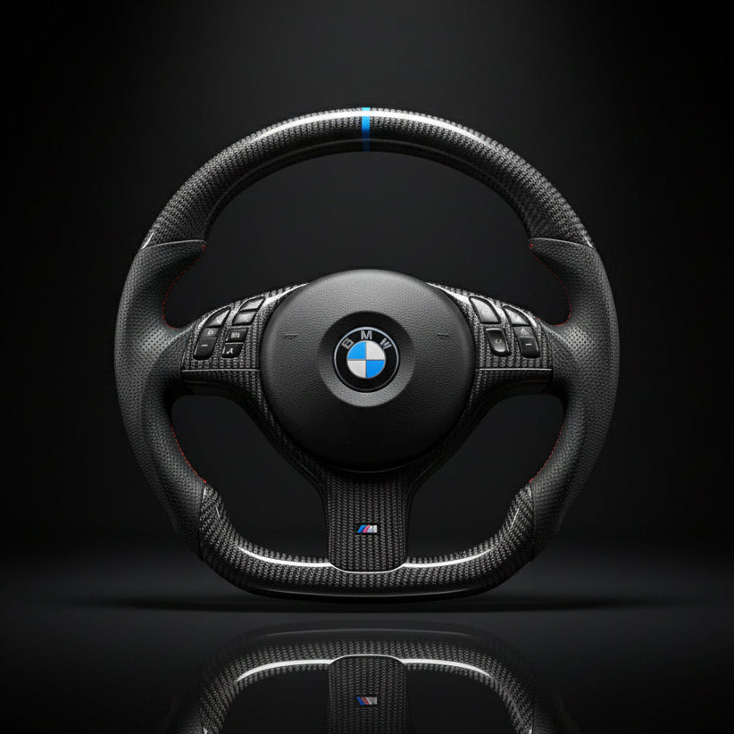 BMW steering wheel with logo on a black background