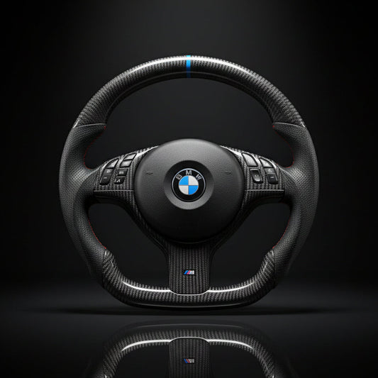 BMW steering wheel with logo on a black background