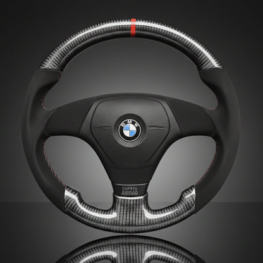 BMW steering wheel on a reflective surface with a dark background