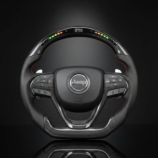 Steering wheel with Jeep logo on a black background