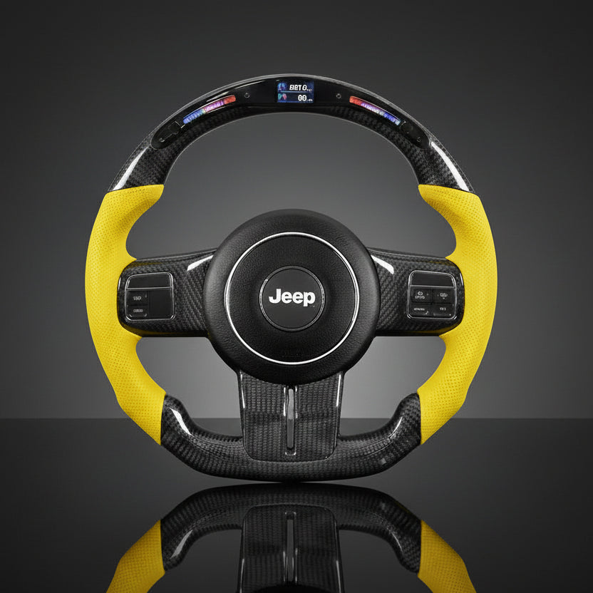 Steering wheel with yellow accents and Jeep logo on a dark background