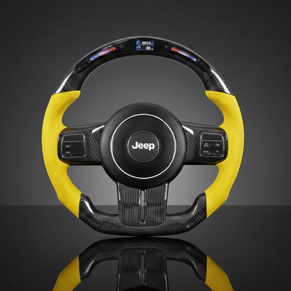 Steering wheel with yellow accents and Jeep logo on a dark background