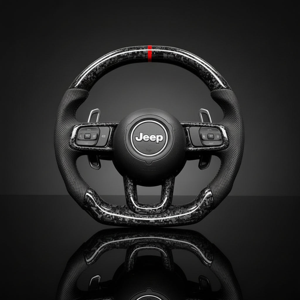 Carbon fiber JEEP WRANGLER steering wheel on a reflective surface with a dark background