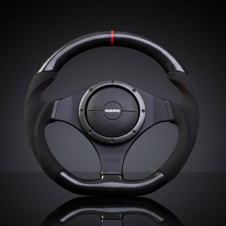 Black steering wheel with a logo on a black background