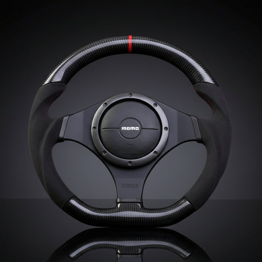 Black steering wheel with a logo on a black background