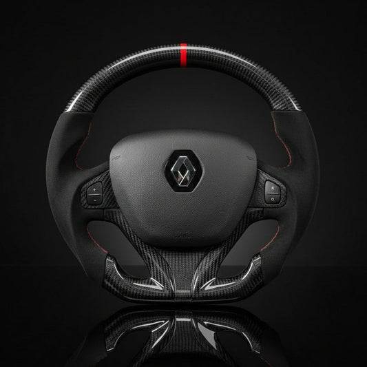 Steering wheel with Renault logo on a black background