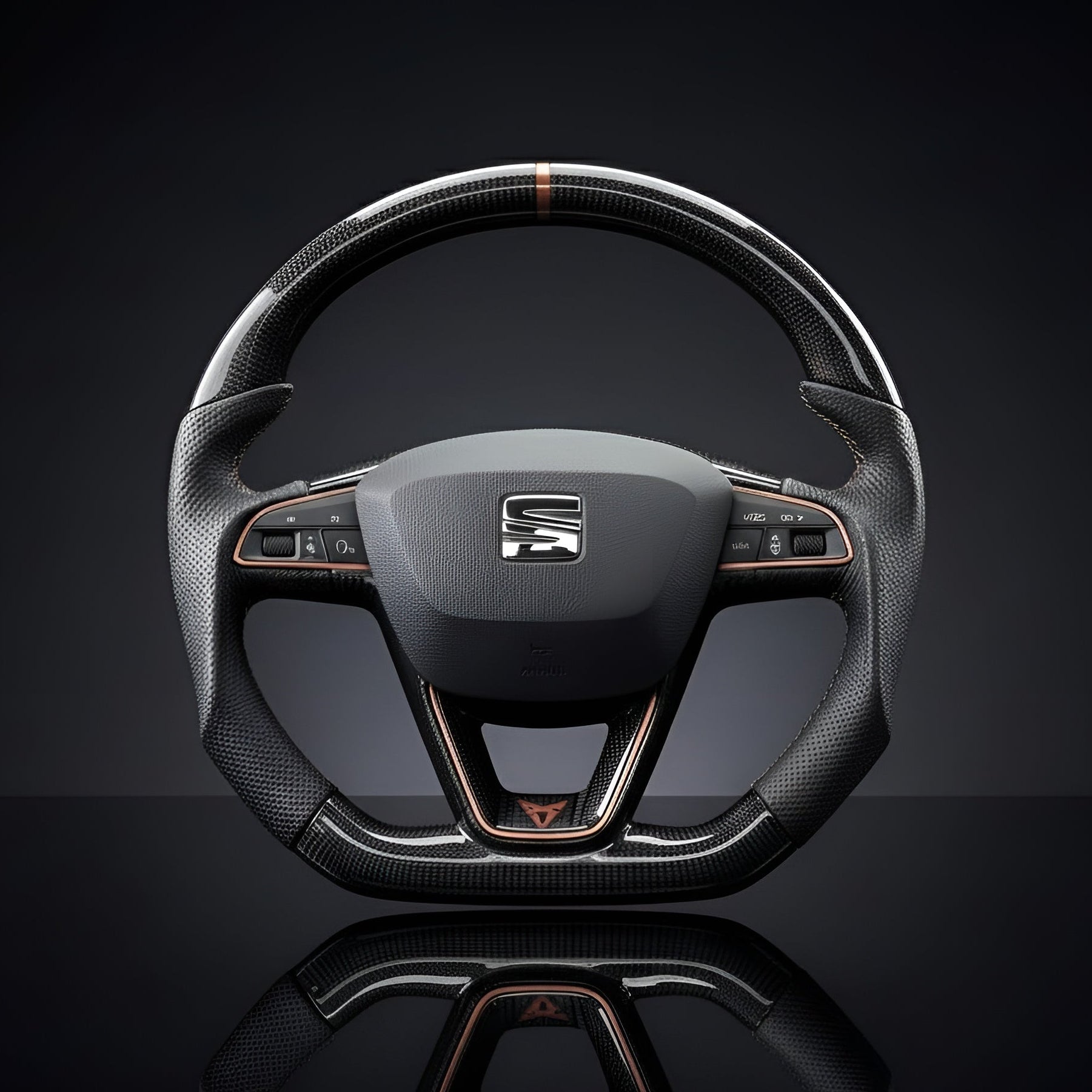 Steering wheel with a seat cupra FR logo on a black background