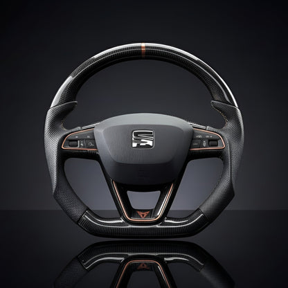 Steering wheel with a seat cupra FR logo on a black background
