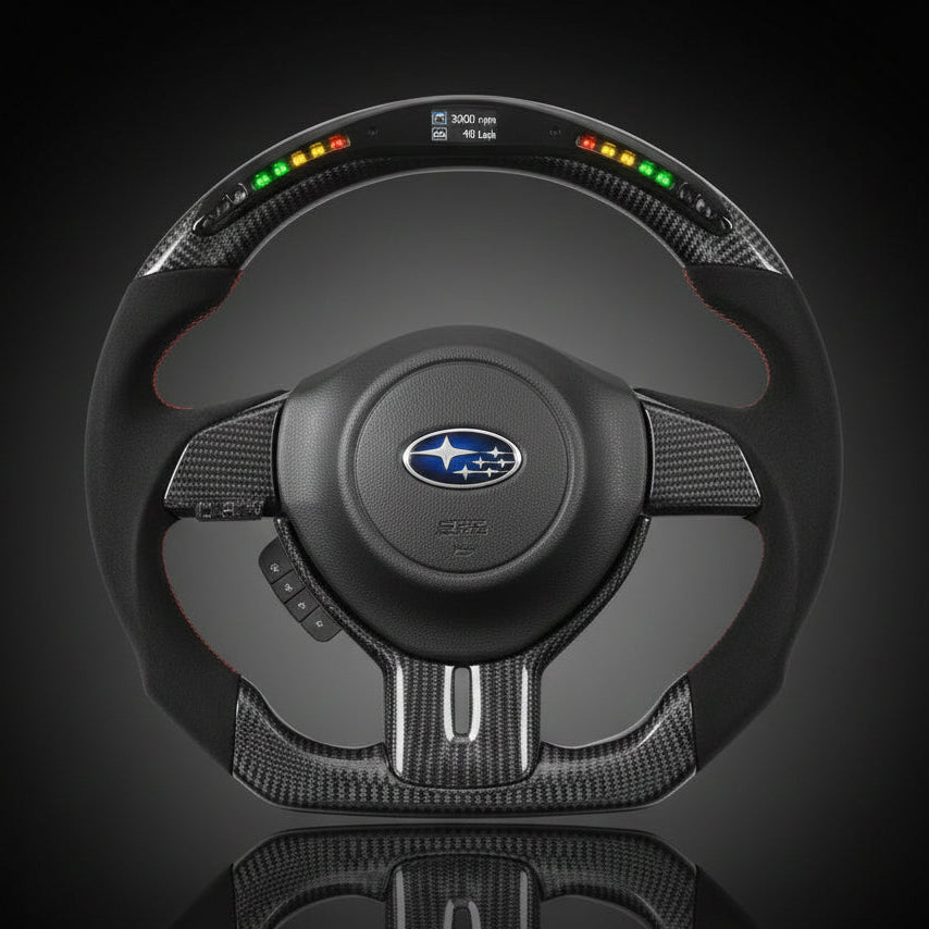 Steering wheel with Subaru logo on a reflective black surface