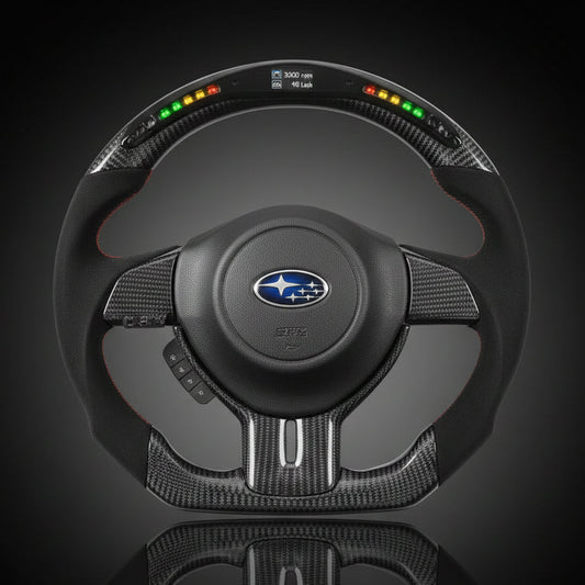 Steering wheel with Subaru logo on a reflective black surface